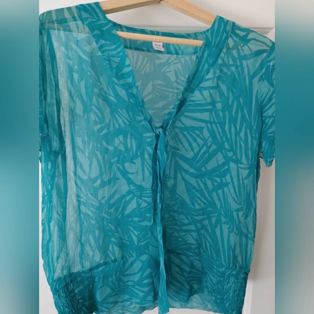 H&M Silk Teal Sheer Palm Tree Top ~ Size 16